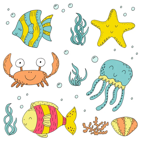 ชุดภาพวาดเวกเตอร์ doodle ขององค์ประกอบของชีวิตทางทะเล คอลเลคชั่น Underwater World สเก็ตช์ภาพวาดไอคอนและสัญลักษณ์ — ภาพเวกเตอร์สต็อก