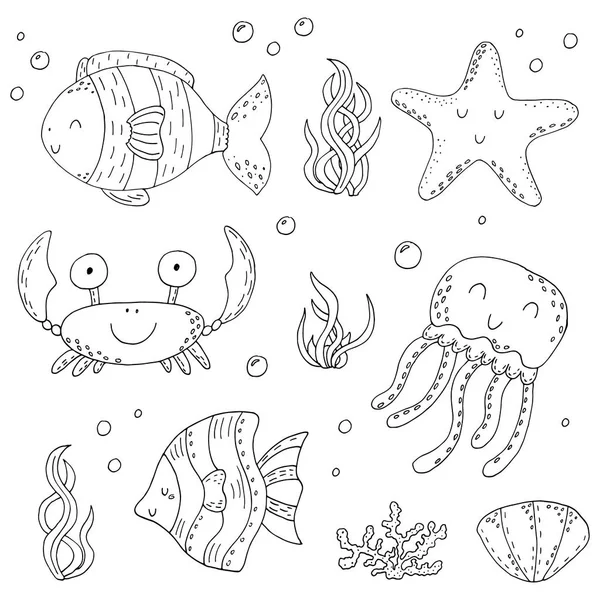 Illustration Vektor Doodle Reihe von Elementen der Meereslebewesen. Unterwasserwelt Sammlung. Icons und Symbole Handzeichnung Skizze — Stockvektor