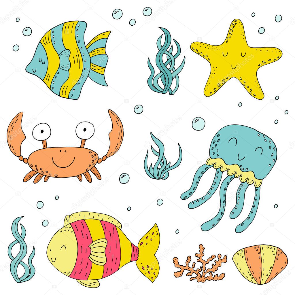 Illustration Vector doodle set of elements of marine life. Underwater World collection. Icons and symbols hand drawing sketch