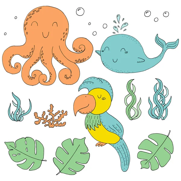 Ilustração Vector doodle set com animais. impressão vetorial.. Ícones e símbolos desenho à mão esboço — Vetor de Stock