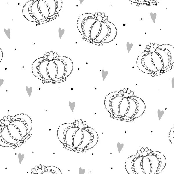Handgezeichnetes Muster mit Krone. Doodle Design kleine Prinzessin — Stockvektor