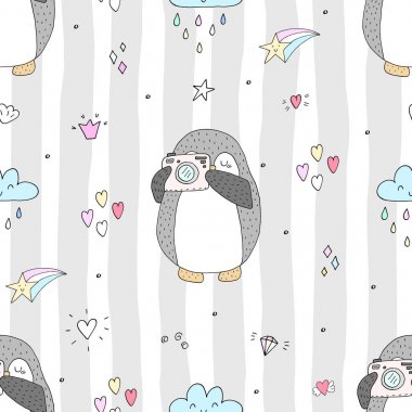 Şirin penguenlerle kusursuz desen. Elle çizilmiş illüstrasyon. Vektör.