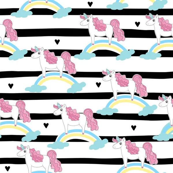 Hand drawn seamless vector pattern with cute unicorns, stars . Repetitive wallpaper on white background. — ストックベクタ