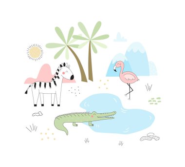 Şirin el çizimi vektörü Afrika Hayvanları. Vektör İllüstrasyonu. vektör baskısı.