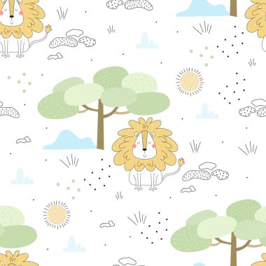 Sevimli küçük aslan çizgi film tarzı. Vektör desen