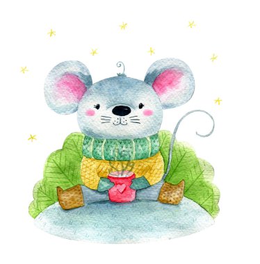 Sevimli karikatür noel sıçan fare. Suluboya el çizilmiş hayvan illüstrasyon. Beyaz arka planda yalıtılmış.