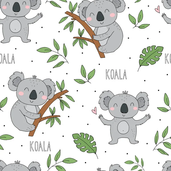 Seamless pattern. Cute character - sleeping animal baby Koala bear. Vector print for baby shower. — Stock Vector