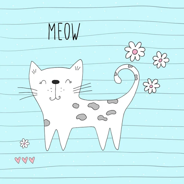 Dibujado a mano lindo Divertido vector de dibujos animados gato imprimir — Vector de stock