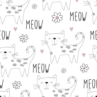 Kediler Dikişsiz desen arka plan şirin el çekilmiş