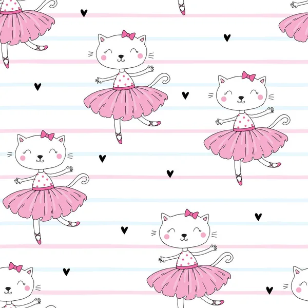 Handgezeichnetes Muster mit Katze, Ballerina-Abbildung, Kinderdruck auf T-Shirt. — Stockvektor