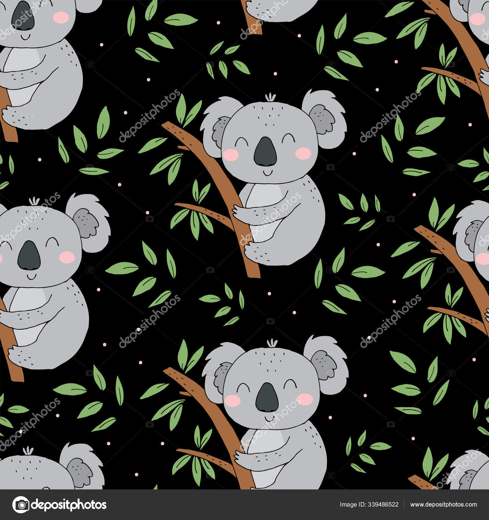 Seamless pattern. Cute character - sleeping animal baby Koala bear. Vector  print for baby shower. Stock Vector Image by ©.com #339486522
