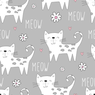 Kediler Dikişsiz desen arka plan şirin el çekilmiş