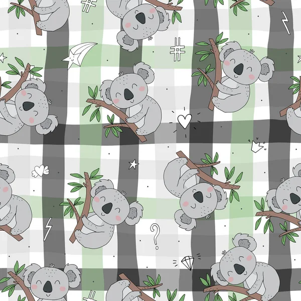 Seamless pattern. Cute character - sleeping animal baby Koala bear. Vector print for baby shower. — Stock Vector