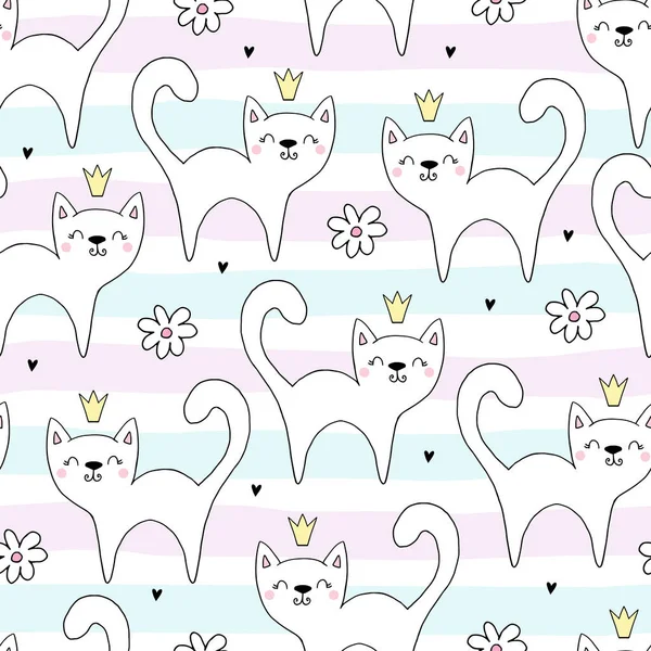 Hand drawn seamless vector pattern with cute cats in a crown. Vector background print. — Stock Vector