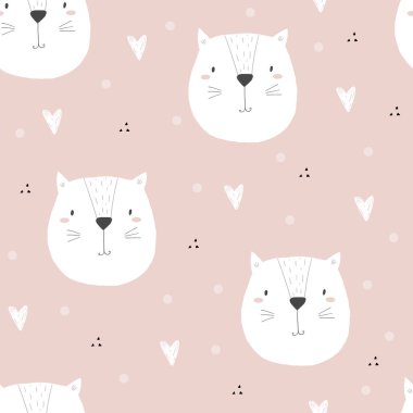 Sevimli, küçük kedi çizgi filmi tarzında el çizimi, pürüzsüz desen. Vektör deseni. Çocuk vektör baskısı için karalama çizimi