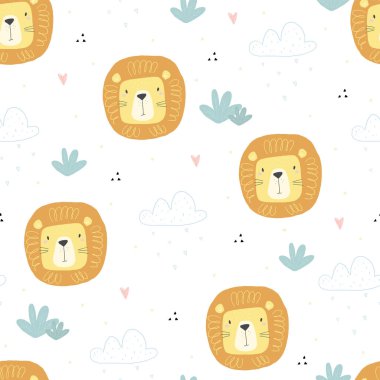 Küçük şirin aslan çizgi film tarzında el çizimi, pürüzsüz desen. Vektör deseni. Çocuk vektör baskısı için karalama çizimi
