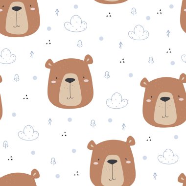 Sevimli, küçük ayı çizgi filmi tarzında el çizimi, pürüzsüz desen. Vektör deseni. Çocuk vektör baskısı için karalama çizimi