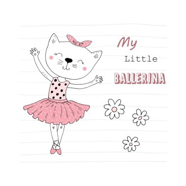 El çizilmiş sevimli kedi, balerin illüstrasyon, çocuk t-shirt üzerine baskı.