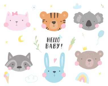 Kedili, kaplanlı, koalalı, rakunlu, tavşanlı, tavşanlı, ayılı el çizimi. Bebek Duşu Davetiyesi Yazdır