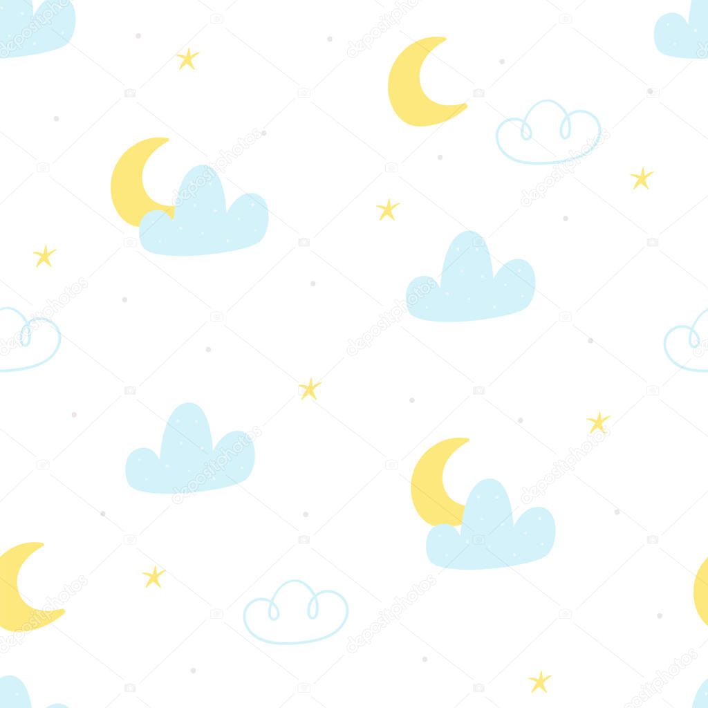 Seamless childish pattern with moon, cloud. Creative scandinavian kids texture for fabric, wrapping, textile, wallpaper, apparel. Vector illustration.