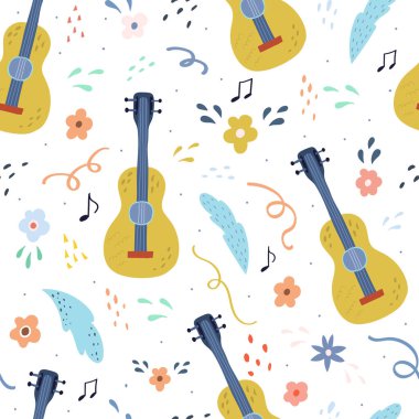 Moda müzik enstrümanı olan kusursuz çocuksu bir model. Yaratıcı gitar. Kumaş, ambalaj, tekstil, duvar kağıdı ve giysi için çocuk dokusu. Vektör illüstrasyonu.