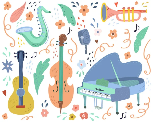 El çizimi müzikal enstrüman düz vektör çizimi. Müzik baskısı. Müzik festivali ya da tişört için harika bir unsur. Vektör kavramı.