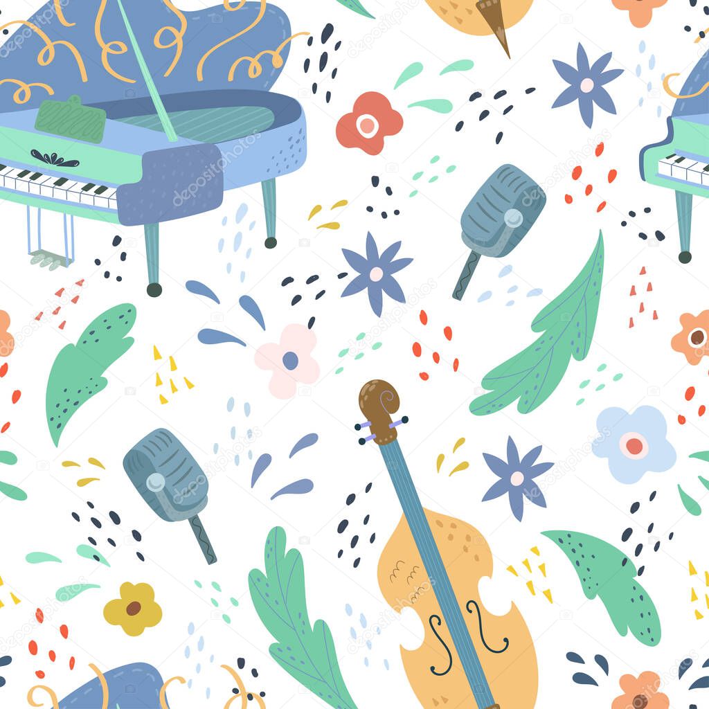 Seamless childish pattern with trendy Musical instrument. Creative guitar. Kids texture for fabric, wrapping, textile, wallpaper, apparel. Vector illustration.