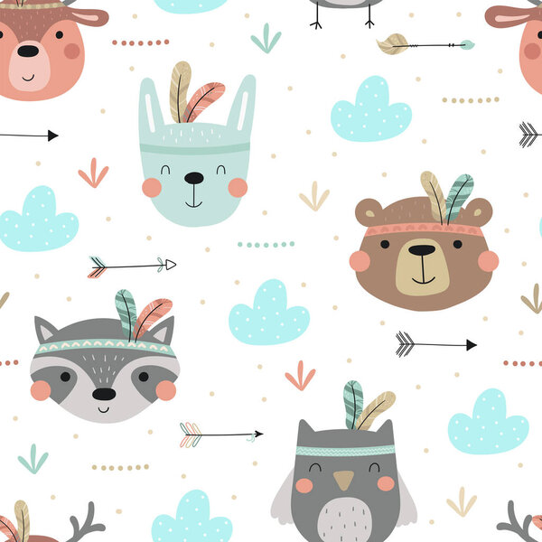 Cute print Boho style. Seamless pattern with cute little animals. vector illustration. Vector print with animals.