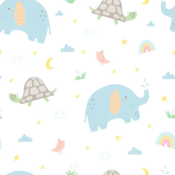 Nahtloses Muster Mit Niedlichen Kleinen Elefanten Schildkröten Vögeln Kreative Skandinavische — Stockvektor