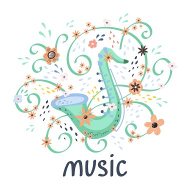 Yaratıcı saksafon ve el yazması illüstrasyonlar. Müzik festivali ya da tişört için harika bir unsur. Vektör kavramı.