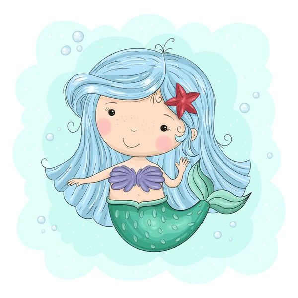 Linda sirena de dibujos animados. Bueno para tarjetas de felicitación, invitaciones, decoración, impresión para la ducha del bebé, etc. Ilustración vectorial dibujada a mano con la pequeña sirena impresión linda — Vector de stock