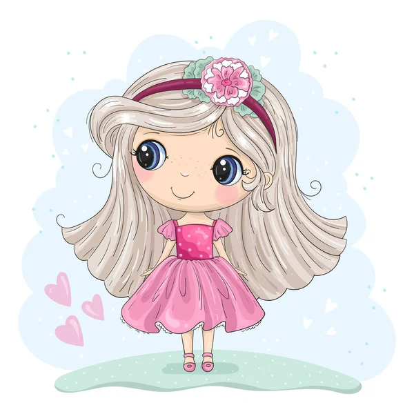 Linda chica de dibujos animados. Bueno para tarjetas de felicitación, invitaciones, decoración, impresión para la ducha del bebé, etc ilustración vectorial dibujada a mano con la impresión linda chica — Vector de stock