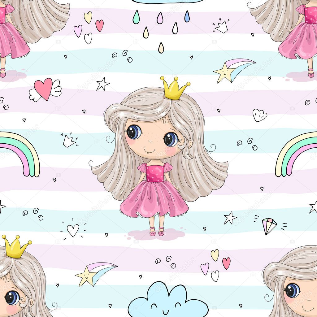 Cute hand drawn with cute little girl vector seamless pattern illustration. Cute Cartoon Princess. Hand drawn vector illustration with girl cute print