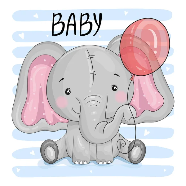 Cartão de saudação bonito desenho animado elefante com balão. Bom para cartões de saudação, convites, decoração, impressão para chuveiro de bebê, etc ilustração vetorial desenhada à mão com elefante impressão bonito — Vetor de Stock