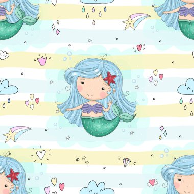 Elle çizilmiş, kusursuz desenli küçük bir deniz kızı. Sevimli el çizimi, küçük sevimli deniz kızı vektörü, kusursuz desenli çizim. Tatlı Çizgi film denizkızı