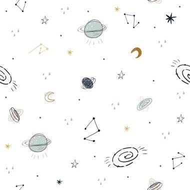 Uzaylılarla çocuksu, kusursuz bir düzen, evrendeki UFO. Çocuk kıyafetleri, kumaş, tekstil, çocuk odası dekorasyonu, ambalaj kağıdı için mükemmel..