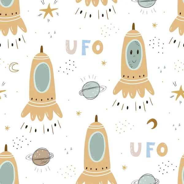 Modèle Sans Couture Enfantin Avec Des Extraterrestres Ufo Dans Cosmos — Image vectorielle