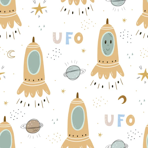 Childish Seamless Pattern Aliens Ufo Cosmos Perfect Kids Apparel Fabric — Stock Vector