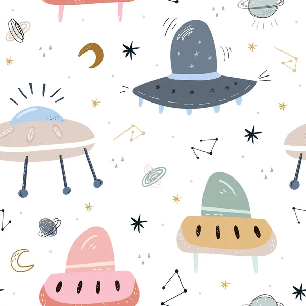 Childish Seamless Pattern Aliens Ufo Cosmos Perfect Kids Apparel Fabric — Stock Vector