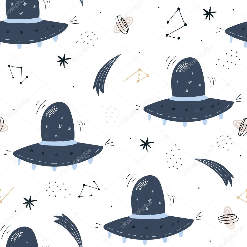Childish seamless pattern with aliens, ufo in cosmos. Perfect for kids apparel,fabric, textile, nursery decoration,wrapping paper.