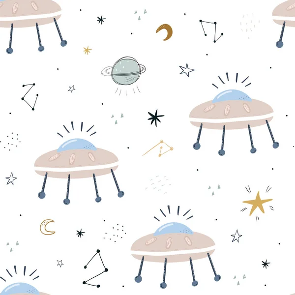 Patrón infantil sin costuras con extraterrestres, OVNI en el cosmos. Perfecto para ropa de niños, tela, textil, decoración de vivero, papel de envolver — Vector de stock