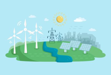 Rüzgar Türbinleri ve Güneş Panelleri ile Alternatif Temiz Enerji Konsepti. Yel değirmenleriyle yenilenebilir güç kaynakları. Vektör düz resimleme