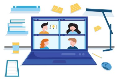 Sosyal ağları, web 'i, online toplantıları kavramsallaştır. Video konferans illüstrasyonu. İş yeri, laptop ekranı, internetten konuşan bir grup insan. Akış, ağ sohbeti, çevrimiçi buluşma arkadaşları.