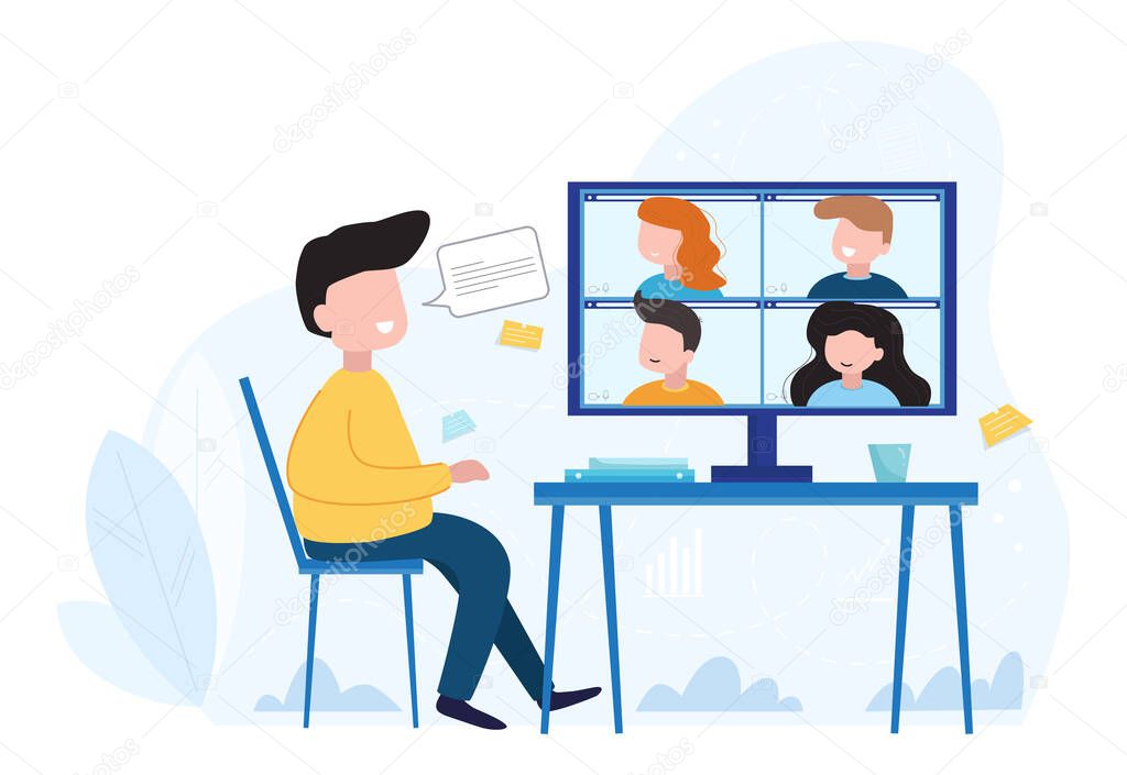 Concept social networking, web, online meetings. Video conference illustration. Group of people talking by internet. Stream, web chatting, online meeting friends.
