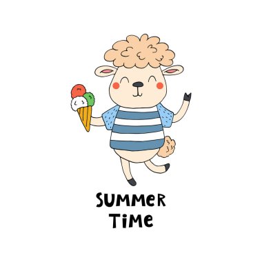 Yaz kartı. Komik koyun çizgi filmleriyle çizilmiş şirin bir el. vektör baskısı.