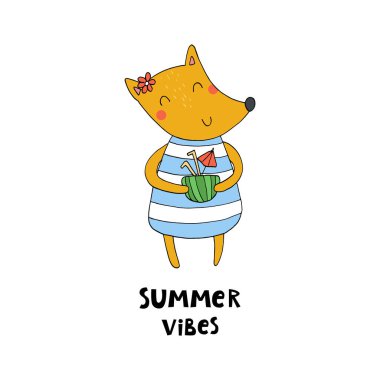 Yaz kartı. Komik tilki çizgi filmiyle çizilmiş şirin bir el. vektör baskısı.