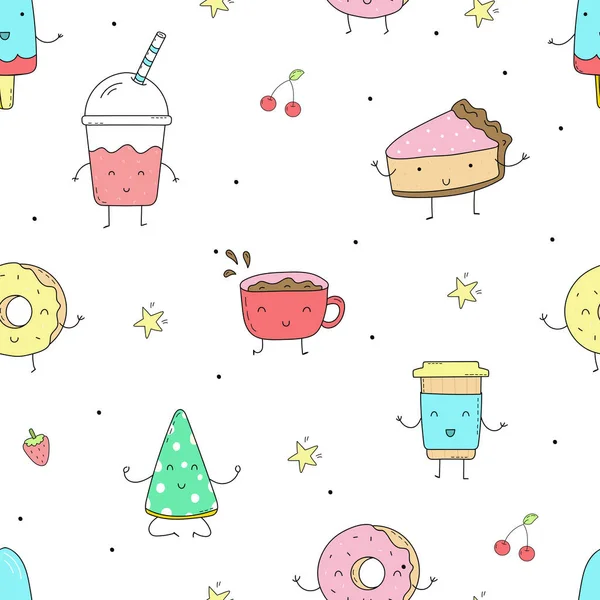 Lindo conjunto dibujado a mano con comida divertida de dibujos animados. Comida kawaii vectorial. Patrón sin costura — Archivo Imágenes Vectoriales