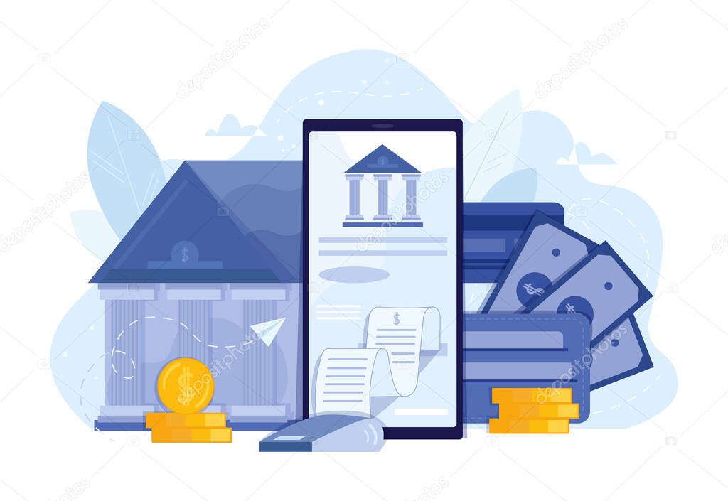Mobile banking and finance management UI illustration. Digital bank service fintech concept in flat. vector illustration of virtual business assistant