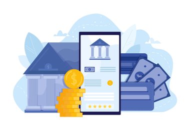 Mobil bankacılık ve finans yönetimi UI illüstrasyonu. Daire içinde dijital banka hizmeti fintech konsepti. Sanal iş asistanının vektör illüstrasyonu.