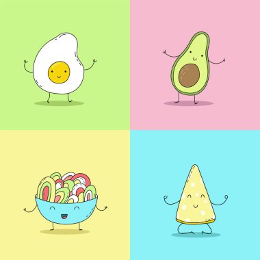 Komik karikatür yemekleriyle çizilmiş şirin bir el. Vektör Kawaii yemeği. Avokado, brokoli.